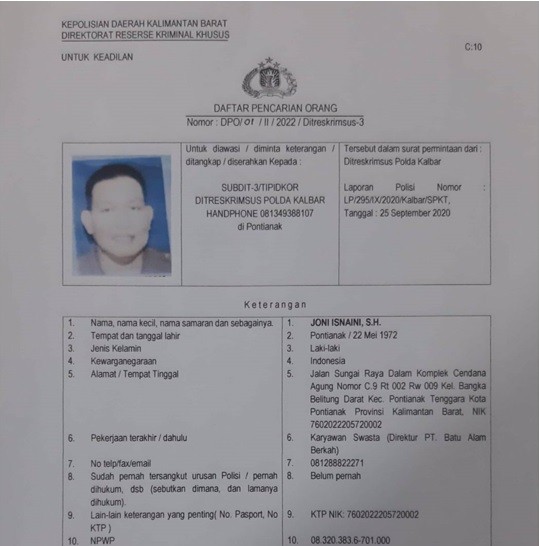 Polda Kalbar menerbitkan status DPO terhadap Joni Isnaini. (Foto: Ist).
