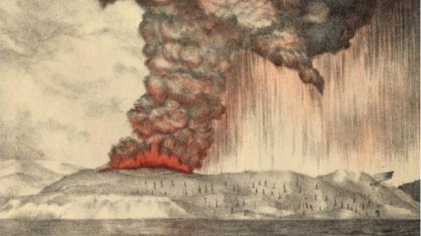 Ledakan Krakatau dalam litograf. (Foto: Wikipedia)