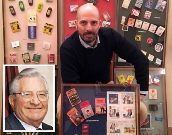 Amatore Bolzoni, kolektor 2.077 alat kontrasepsi dengan ukuran dan bentuk yang beragam (kiri bawah) dan putranya Massimo yang menyimpan koleksi ayahnya. (Foto: forkeepspodcast)