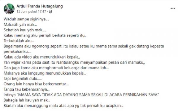 Pria bernama Ardul Franda Hutagalung menggunggah klarifikasi yang menyebutkan dirinya tak mengakui ibu kandungnya (Foto: Tangkapana Layar Facebook/Ardul Franda Hutagalung) Pria bernama Ardul Franda Hutagalung menggunggah klarifikasi yang menyebutkan dirinya tak mengakui ibu kandungnya (Foto: Tangkapana Layar Facebook/Ardul Franda Hutagalung)