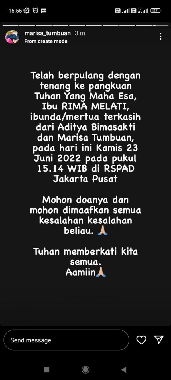Unggahan Marissa Tumbuan terkait kabar duka Rima Melati meninggal. (foto: Instagram)