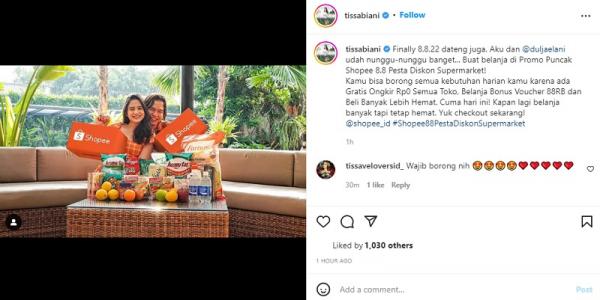 Postingan terbaru Tissa Biani. (Foto: tangkapan layar/Instagram)