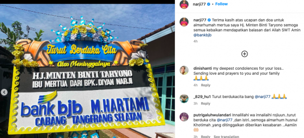 Kabar duka datang dari keluarga besar komedian Narji karena sang ibu mertua meninggal. (Foto: Instagram)