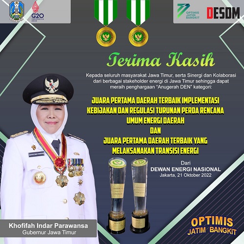 Gubernur Khofifah menerima dua penghargaan sekaligus dalam Anugerah Dewan Energi Nasional (DEN) 2022. (Foto: dok Pemprov Jatim)