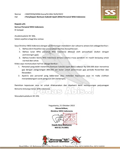 Viral di media sosial adanya surat edaran dari Waroeng SS (Spesial Sambal) yang melakukan pemotongan gaji sebesar Rp300.000 bagi karyawan yang menerima BSU. (Foto: Twitter/Istimewa)