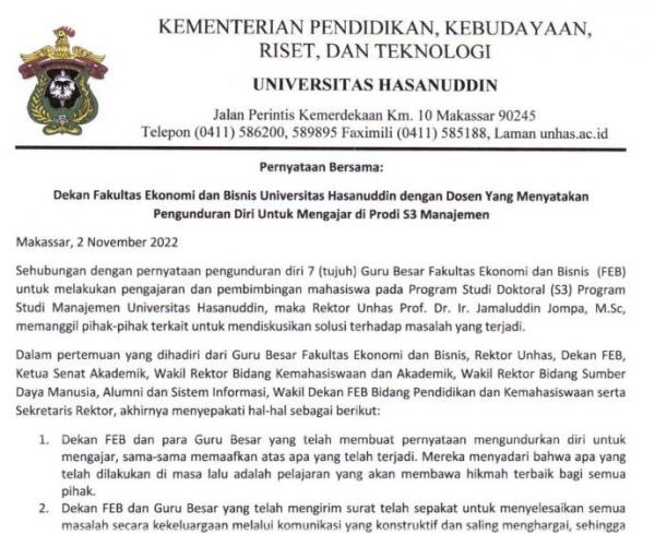 Isi surat pernyataan damai 7 guru besar Unhas. (Foto: ist/Humas Unhas)
