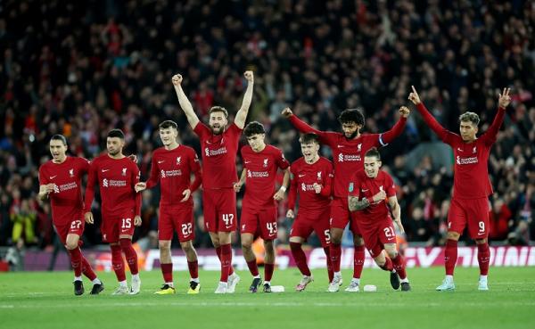 Liverpool mengalahkan Derby County lewat adu penalti pada putaran ketiga Piala Liga Inggris 2022/2023 di Stadion Anfield, Kamis (10/11/2022). (Foto: REUTERS)