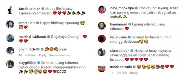 komentar seleb ultah rayyanza Tangkapan layar komentar para selebriti di akun Instagram @raffinagita1717