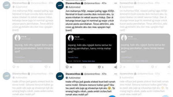 Tangkapan layar unggahan akun Twitter @Stanmenfess yang membahas tentang mahar pernikahan. (Foto: @pringadi_as/Twitter)