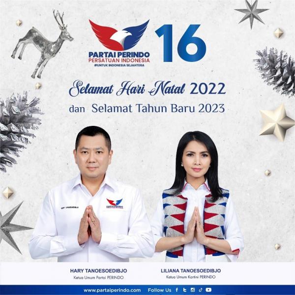 Ketua Umum Partai Perindo Hary Tanoesoedibjo bersama Ketua Umum Kartini Perindo Liliana Tanosoedibjo mengucapkan selamat Hari Natal. (Foto dok Perindo).