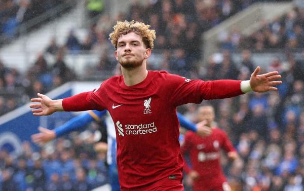 Gelandang muda Liverpool, Harvey Elliot merayakan gol ke gawang Brighton and Hove Albion dalam laga Piala FA 2022/2023 di Stadion he American Express Community, Minggu (29/1/2023). (Foto: REUTERS)