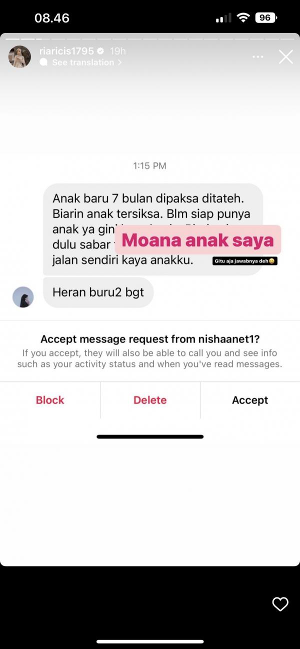 Respons Ria Ricis pada hujatan netizen. (Foto: Instastory)