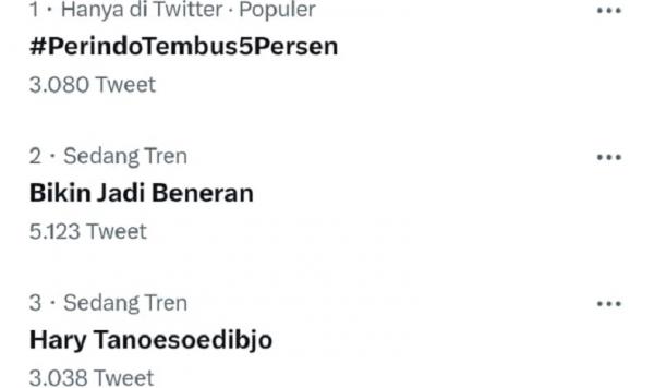 #PerindoTembus5Persen dan Hary Tanoesoedibjo Jadi Trending Topic di Twitter