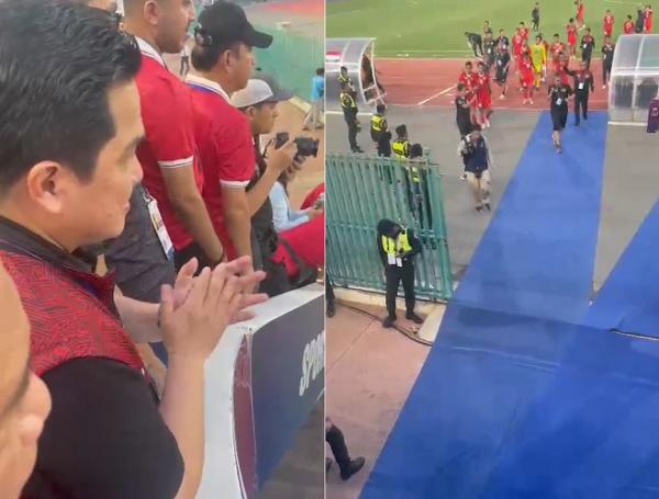 Ketum PSSI, Erick Thohir menyambut Timnas Indonesia U-22 yang sukses mengalahkan Vietnam dengan skor 3-2 pada laga semifinal SEA Games 2023 di Stadion Olympic Phnom Penh, Sabtu (13/5/2023). (Foto: MPI/Cikal Bintang)