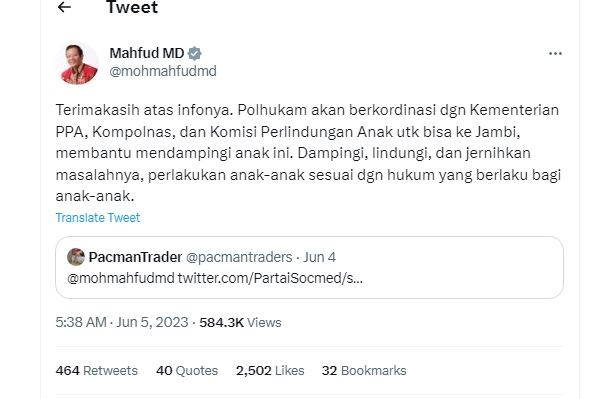 Cuitan Menko Polhukam Mahfud MD merespons kasus siswi SMP yang dilaporkan ke polisi. (Foto: Twitter)
