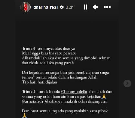 Unggahan pedangdut Difarina Indra usai kecelakaan di Tol Jombang. (Foto: Instagram)