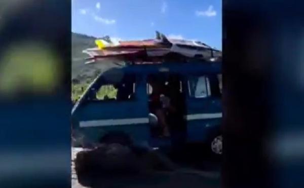 Warga negara Amerika Serikat Jared Brendan Mell (36) mendokumentasikan saat membawa angkot untuk berselancar di akun Instagram @superbeercarry)