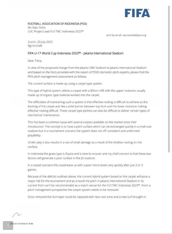Surat FIFA soal Perbaikan JIS