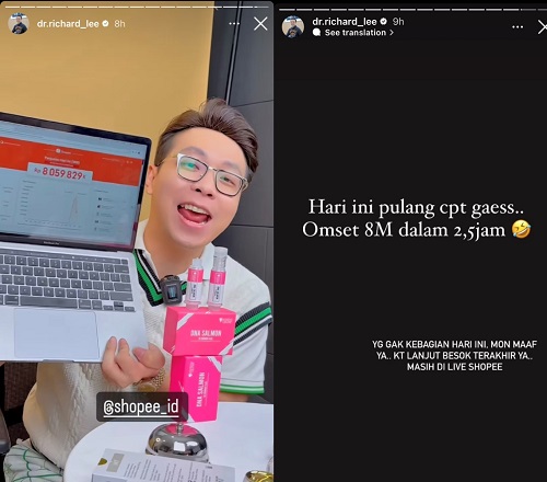 Richard Lee Shopee Live (Tangkapan layar Instagram Story dr Richard)
