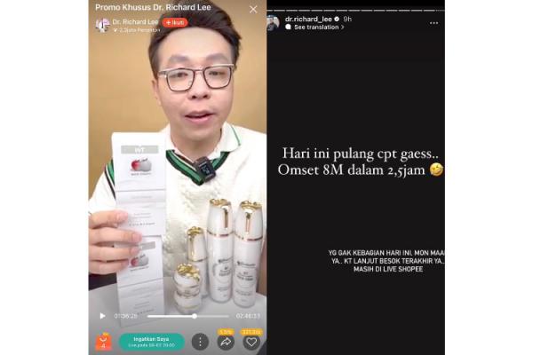 dr RIchard Lee Shopee Live dr RIchard Lee menembus omzet penjualan Rp8 miliar hanya dalam waktu 2,5 jam. (Foto: dok Shopee Live dan Instagram @dr.richard_lee)