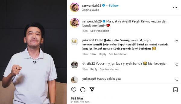 Dukungan Sarwendah untuk Ruben Onsu melalui unggahan di akun Instagram pribadinya. (Foto: dok Instagram @sarwendah29)