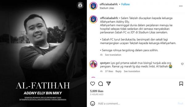 Sabah FC mengucapkan belasungkawa kepada suporter bernama Addly Elly bin Mily saat pertandingan vs JDT di Liga Super Malaysia. (Foto: Instagram)