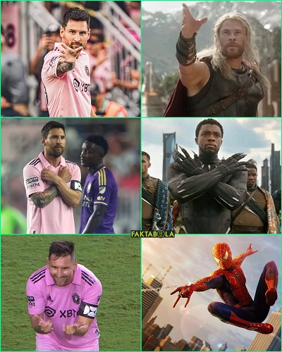 Selebrasi Lionel Messi Lionel Messi melakukan selebrasi ala superhero Marvel saat merayakan gol berkostum Inter Miami. (Foto: Twitter @faktasepakbola)