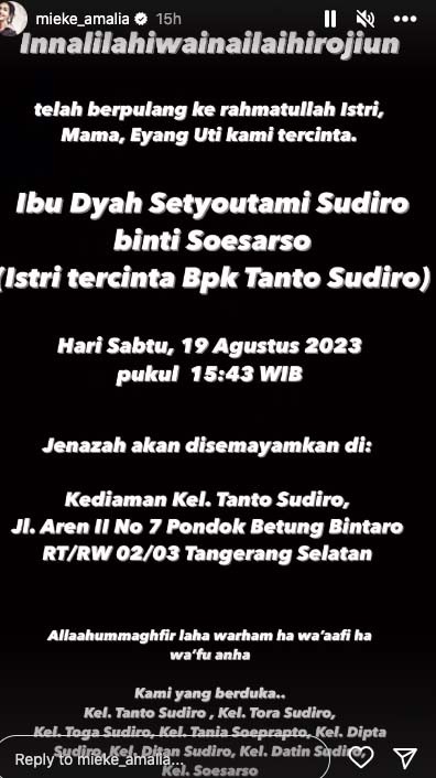 Unggahan kabar duka ibunda Tora Sudiro meninggal. (Foto: Instagram)