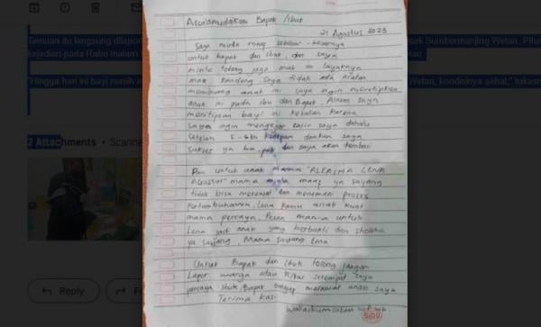 Selembar surat yang ditemukan di samping bayi.