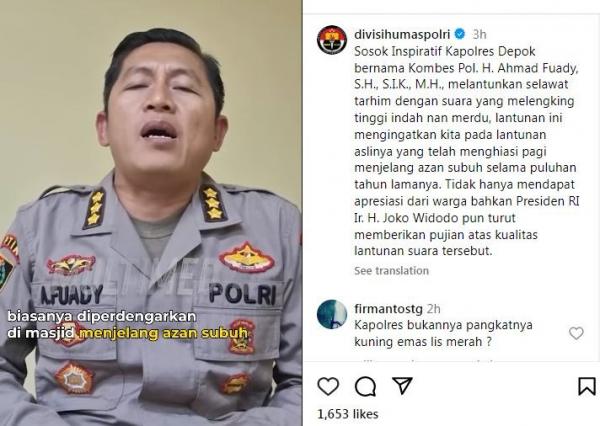 Tangkapan layar Kapolres Metro Depok Kombes Ahmad Fuady melantunkan shalawat tarhim. (Foto: Instagram/Humas Polri)