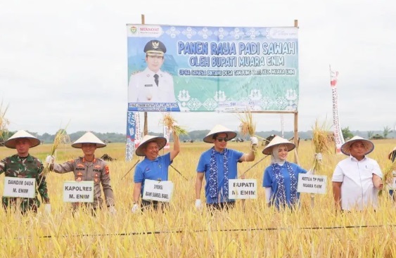 PJ Bupati Muara Enim saat panen raya. (Foto: dok Instagram @humaspimpinan_muaraenim)