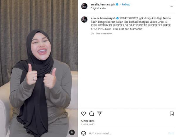 Aurel Hermansyah turut mencetak rekor di Shopee 9.9 Super Shopping Day melalui @tokomamanur di Shopee Live. (Foto: Instagram)