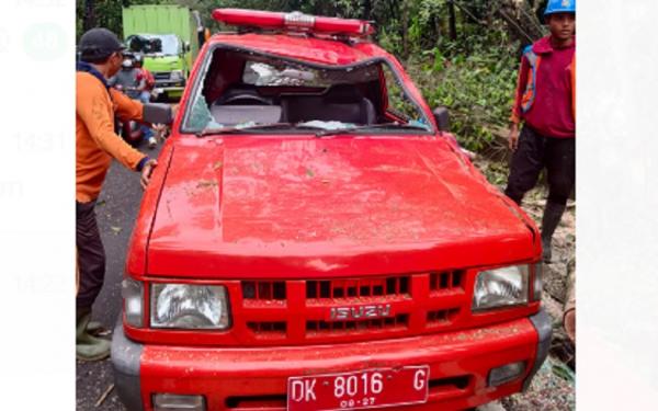 Mobil BPBD tertimpa pohon tumbang di di hutan kota Jalan Denpasar-Gilimanuk, Tabanan, Bali, Rabu (13/9/2023).  (Foto: BPBD Tabanan)