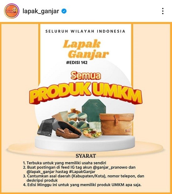 Akun Instagram @lapak_ganjar mempromosikan produk UMKM di seluruh Indonesia. (Foto: Instagram @lapak_ganjar)