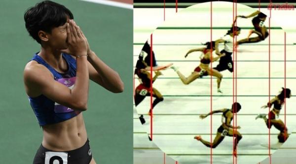 Analisis foto menunjukkan Supanich Poolkerd finis keempat pada Atletik 100m Asian Games 2022 di HOC Stadium, Hangzhou, Sabtu (30/9/2022). (Foto: Khaosod)