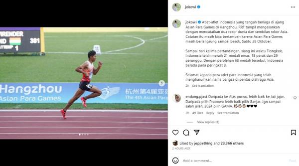 Presiden Joko Widodo memuji pencapaian kontingen Indonesia di Asian Para Games 2022 lewat akun Instagramnya. (Foto: Instagram @jokowi)