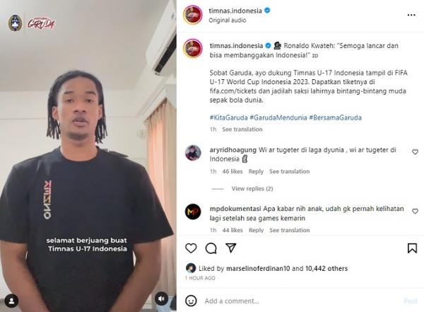 Ronaldo Kwateh doakan Timnas Indonesia U-17 sukses di Piala Dunia U-17 2023. (Foto: Instagram @timnas.indonesia)