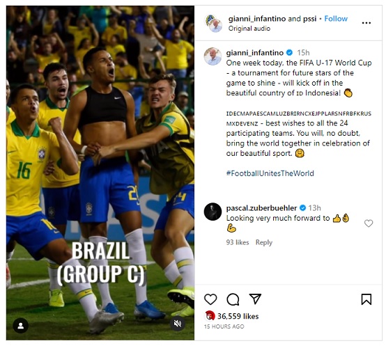 Presiden FIFA Gianni Infantino menyambut Piala Dunia U-17 2023 dengan antusias. (Foto: Instagram @gianni_infantino)