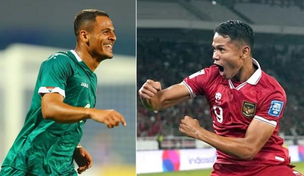 Striker Irak Ali Al-Hamadi (kiri) akan beradu tajam dengan bomber Timnas Indonesia Dimas Drajad pada putaran kedua Kualifikasi Piala Dunia 2026 di Stadion Internasional Basra, Kamis (15/11/2023). (Foto: Instagram @alikalhamadi & @timnas.indonesia)