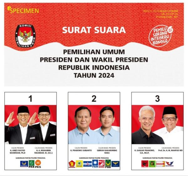 Surat Suara KPU resmi menetapkan desain surat suara Pilpres 2024. (Foto dok KPU).