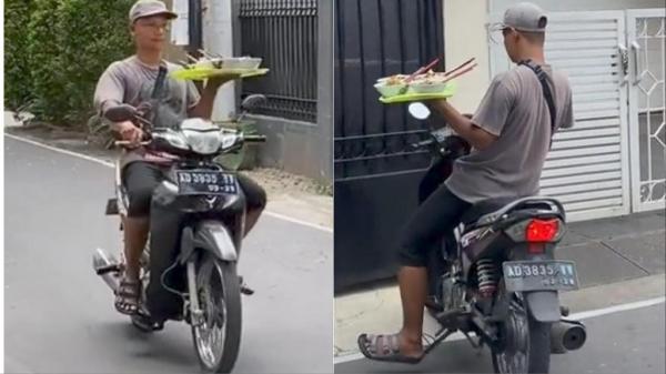 Viral Penjual Mie Ayam Bawa 4 Mangkok di Nampan, Santai Kendarai Motor Pakai Satu Tangan