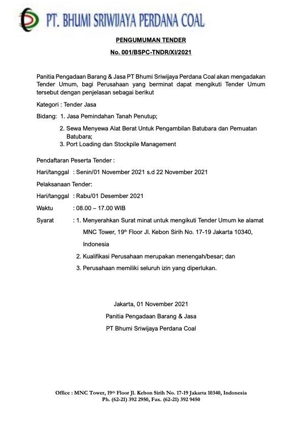 PT Bhumi Sriwijaya Perdana Coal - Lelang Pekerjaan Penambangan Batubara