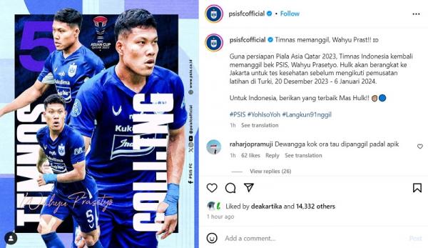 PSIS PSIS Semarang mengumumkan pemanggilan Wahyu Prasetyo ke Timnas Indonesia. (Foto: Instagram @psisofficial)