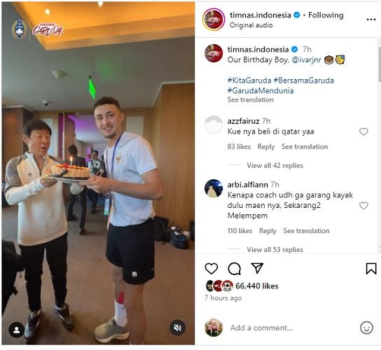 IG Gelandang Timnas Indonesia Ivar Jenner mendapat kejutan spesial dari Pelatih Shin Tae-yong (STY) di hari ulang tahunnya. (Foto: Instagram @timnas.indonesia)