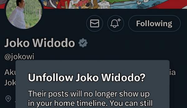 Gerakan berhenti mengikuti atau unfollow akun media sosial Presiden Jokowi di media sosial X. (Foto tangkapan layar).