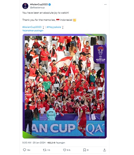 Akun AFC memberi pesan hangat usai Timnas Indonesia tersingkir dari Piala Asia 2023. (Foto: X @afcasiancup)
