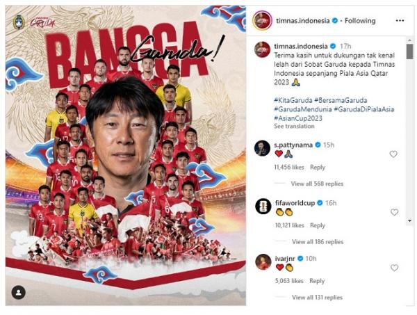 Akun Piala Dunia memberikan apresiasi atas penampilan tim asuhan Shin Tae-yong pada Piala Asia 2023. (Foto: Instagram @fifaworldcup)