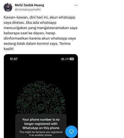 Akun WhatsApp Melki Sedek Huang Diretas Akun WhatsApp Ketua BEM UI nonaktif Melki Sedek Huang diduga diretas. (Foto: @namasayamelki/X)