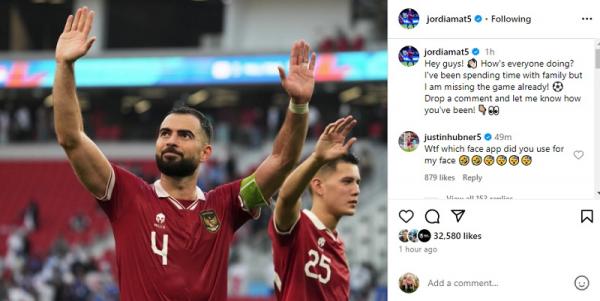 Jordi Amat Jordi Amat menyapa fans Timnas Indonesia di media sosial. (Foto: Instagram @jordiamat5)