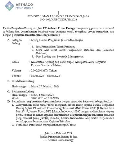 PT Arthaco Prima Energy menggelar <strong><a rel='dofollow'  href='https://www.inews.id/tag/lelang'>Lelang</a></strong> Umum Pengadaan Jasa <strong><a rel='dofollow'  href='https://www.inews.id/tag/pertambangan'>Pertambangan</a></strong>. (Foto: Ist)